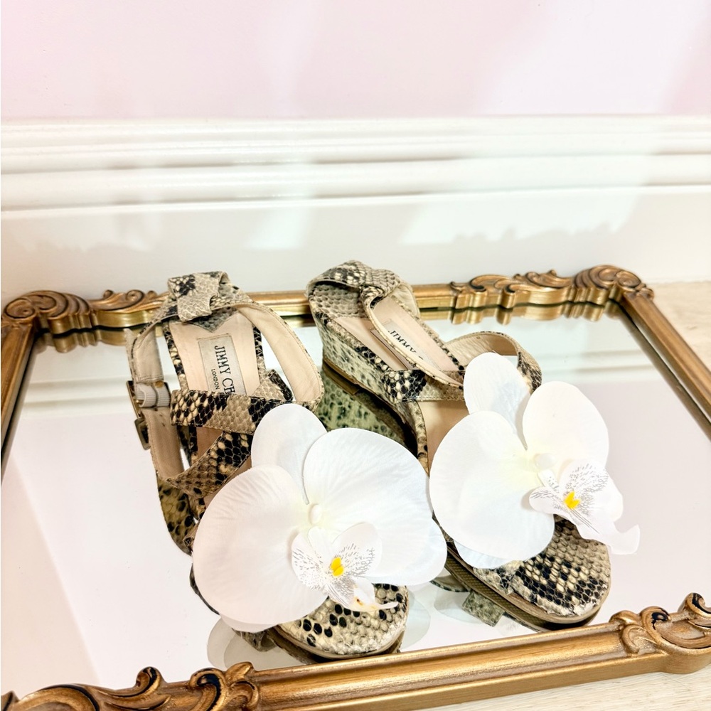 Up-cycled Jimmy Choo Orchid flower shoes sandals 36 snakeskin wedges Y2K heels